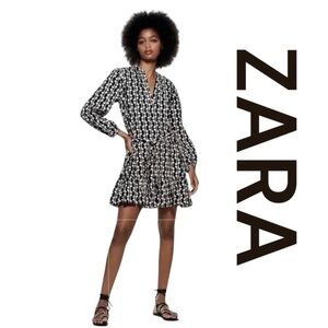 ZARA The Paula Mini Dress in Black & Ivory, Long Sleeve, Size S.